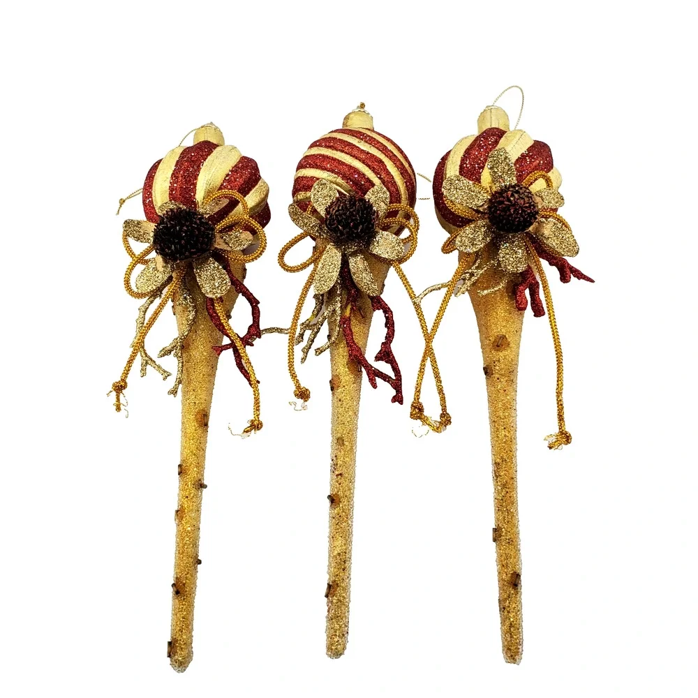 Vintage Hand Crafted Embellished Floral Christmas Ornaments X3 MCM Gold-Tone 70s